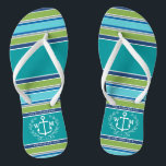 Monogram Anchor Laurel Wreath Stripes Aqua Flip Flops<br><div class="desc">An elegant white anchor with laurel leaf wreath is the centerpiece of this simple, trendy, colourful design featuring stylish stripes in various tones of blue, green and grey. Fresh, fun, nautical design perfect for the hot Summer season. This design is gender neutral/fluid and will work for all couples. Customise with...</div>