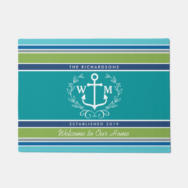 Monogram Anchor Laurel Wreath Stripes Nautical Doormat (Front)