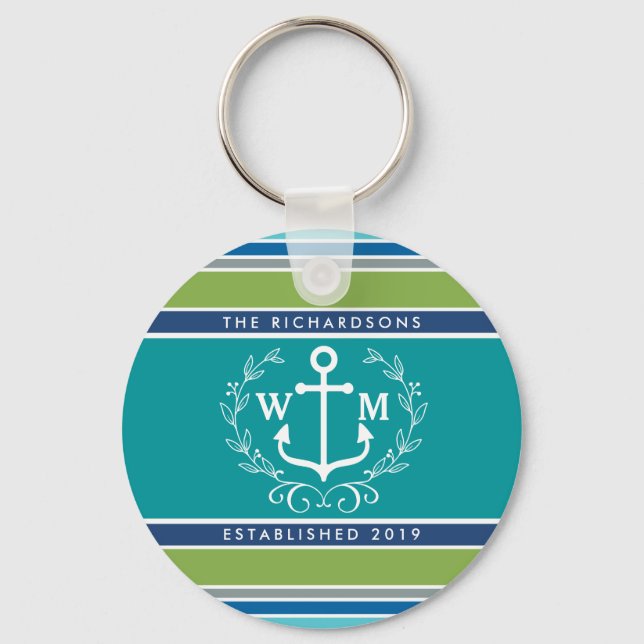 Monogram Anchor Laurel Wreath Stripes Nautical Key Ring (Front)