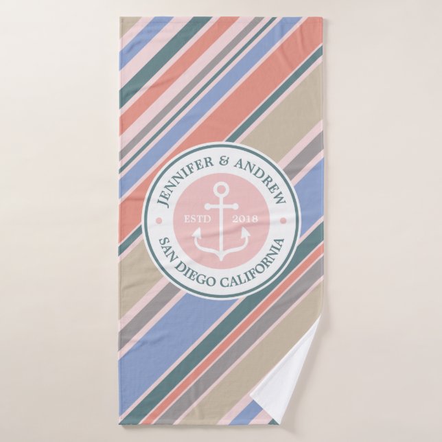 Monogram Anchor Nautical Wedding Blush Pink Stripe Bath Towel (Bath Towel)