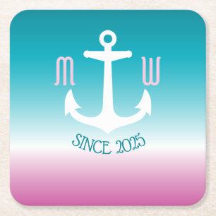 Monogram Anchor Ombre Turquoise Pink Nautical Square Paper Coaster