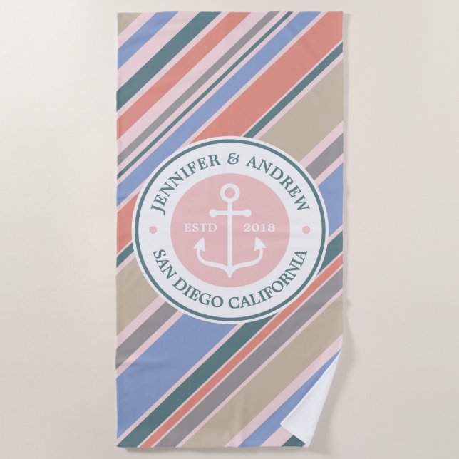 Monogram Anchor Trendy Stripes Dusty Pink Nautical Beach Towel (Front)