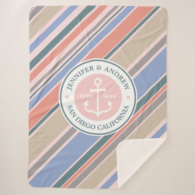 Monogram Anchor Trendy Stripes Pink Nautical Beach Sherpa Blanket (Front)