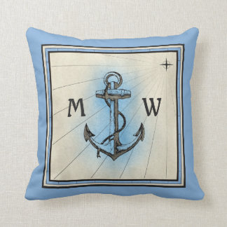 Monogram Anchor Vintage Blue Nautical Compass Cushion