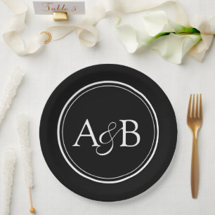 Monogram and Ampersand Couple's Black and White Paper Plate