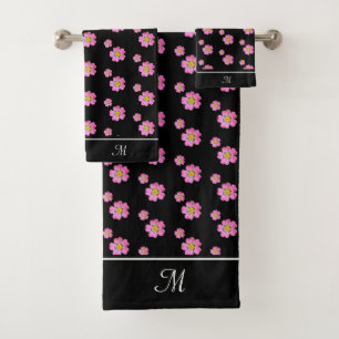 Monogram and Beautiful Pink Flowers on Black Bath Towel Set