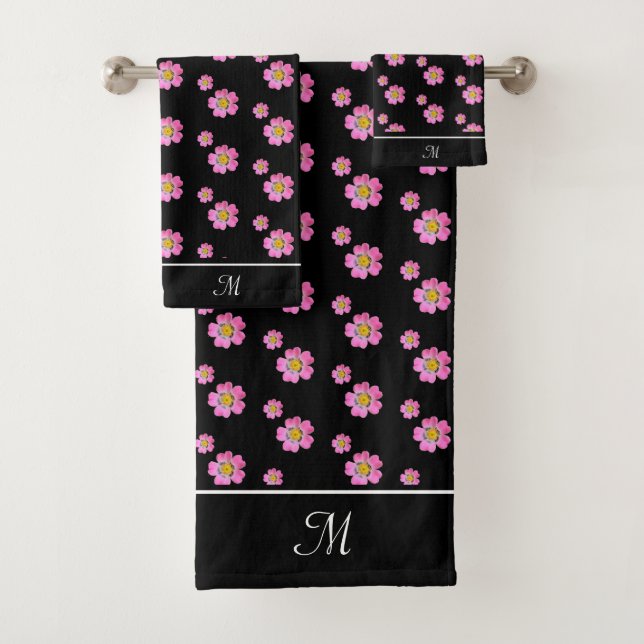 Monogram and Beautiful Pink Flowers on Black Bath Towel Set (Insitu)