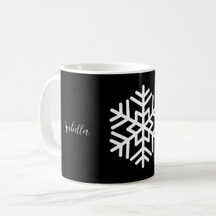 Monogram and Big White Snowflake on Black  Coffee Mug