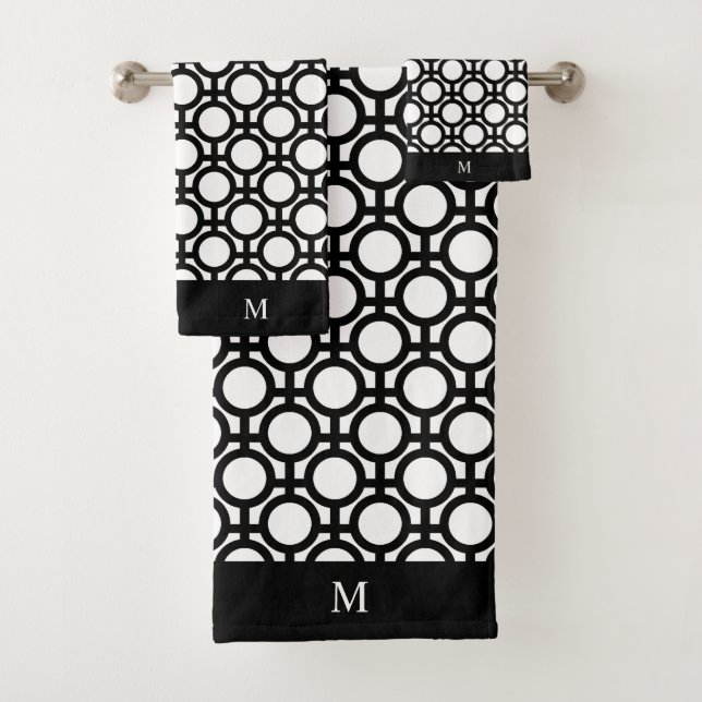 Monogram and Black Abstract Circles on White  Bath Towel Set (Insitu)