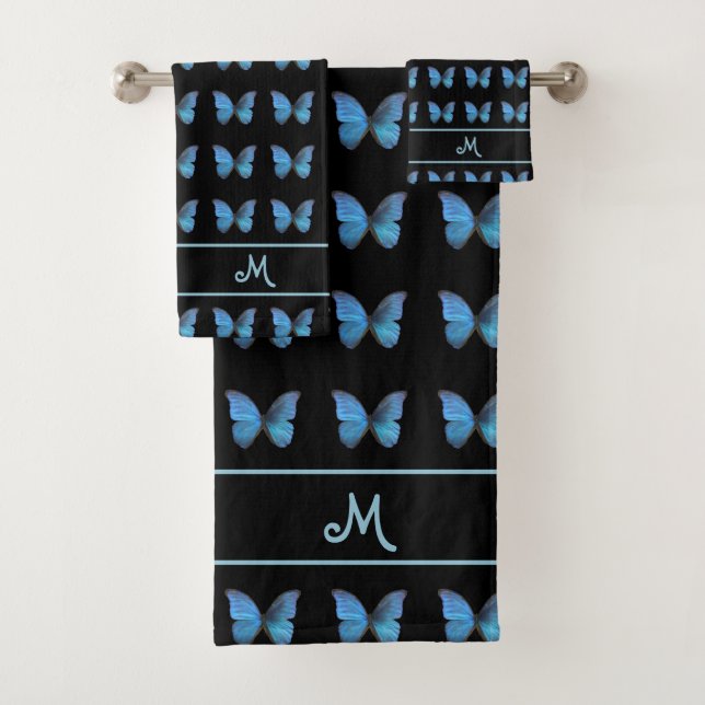 Monogram and Blue Butterfly Pattern on Black Bath Towel Set (Insitu)