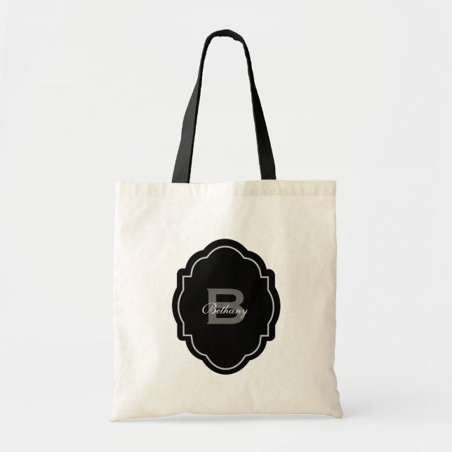 Monogram and Custom Name Black and White V02 Tote Bag (Front)