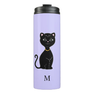 Monogram and Cute Black Cat on Light Periwinkle Thermal Tumbler