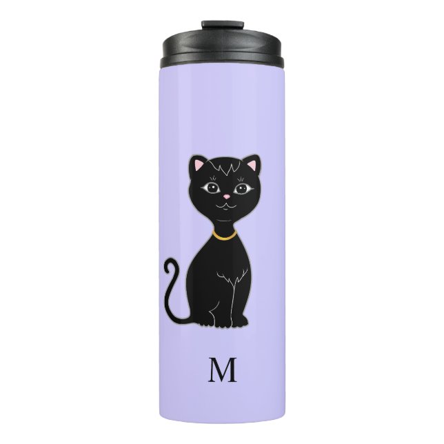Monogram and Cute Black Cat on Light Periwinkle Thermal Tumbler (Front)