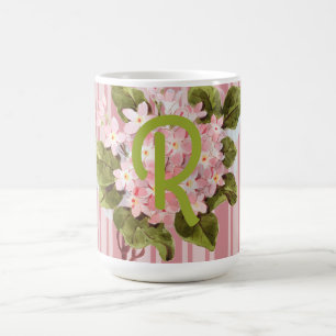 Monogram and Flowers on Pink Stripes Coffee Mug