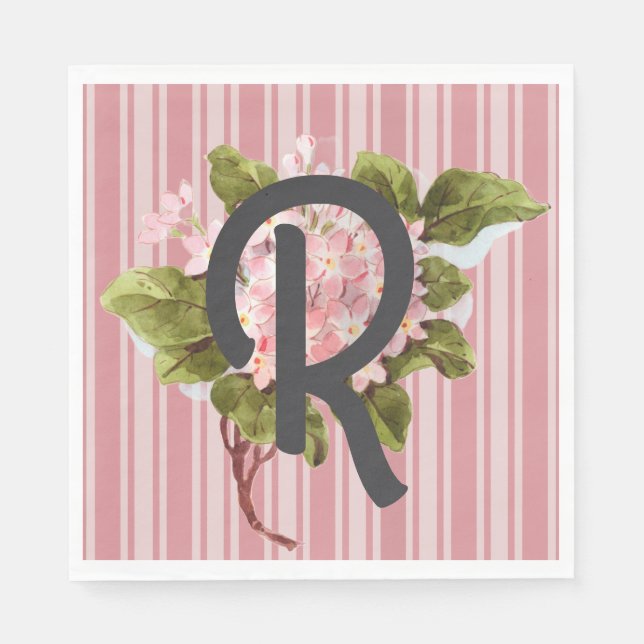Monogram and Flowers on Pink Stripes Napkin (Front)
