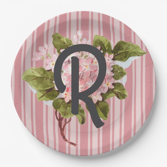 Monogram and Flowers on Pink Stripes Paper Plate (Front)