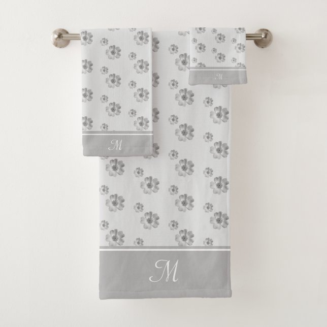 Monogram and Flowers on Silver Grey Bath Towel Set (Insitu)