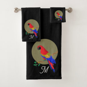 Monogram and Modern Colourful Parrot on Black Bath Towel Set