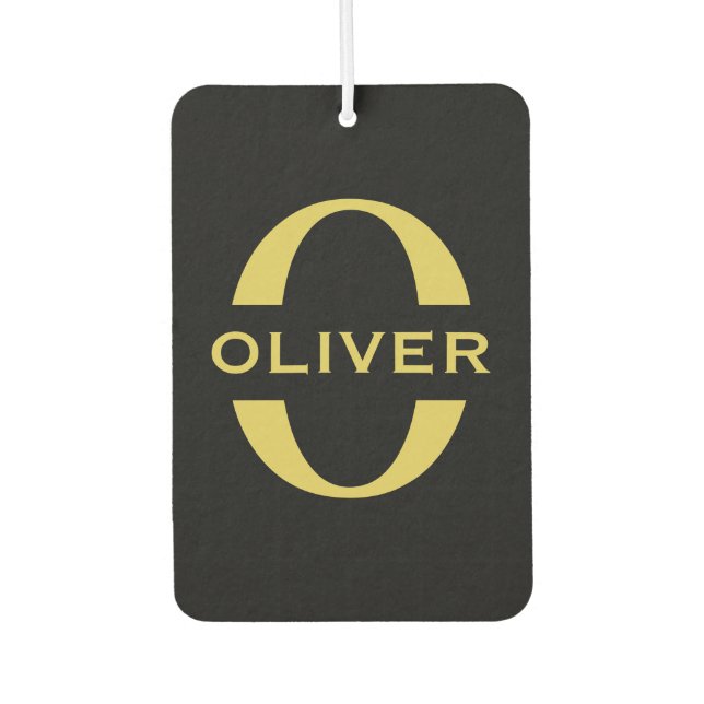 Monogram And Name Black And Gold Personalised Car Air Freshener (Front)