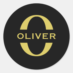 Monogram And Name Black And Gold Personalised Classic Round Sticker