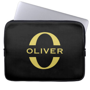 Monogram And Name Black And Gold Personalised Laptop Sleeve