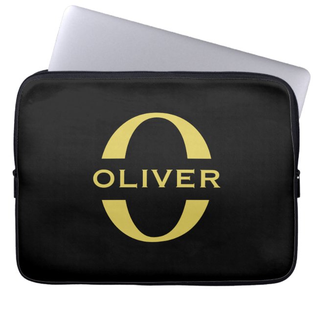 Monogram And Name Black And Gold Personalised Laptop Sleeve (Front)