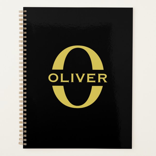 Monogram And Name Black And Gold Personalised Planner (Front)