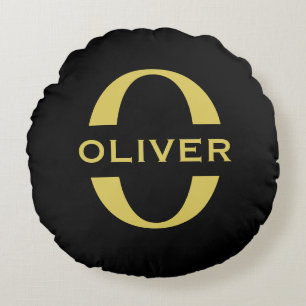 Monogram And Name Black And Gold Personalised Round Cushion