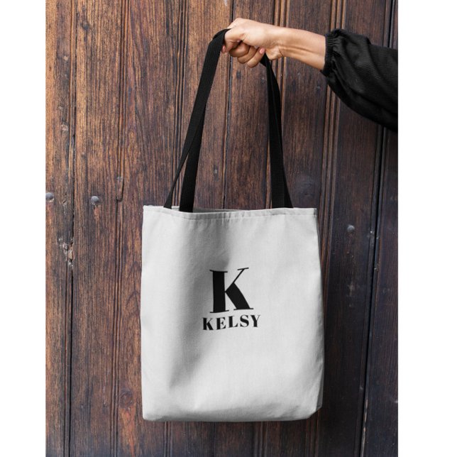 Monogram and Name Black and White Tote Bag (Creator Uploaded)