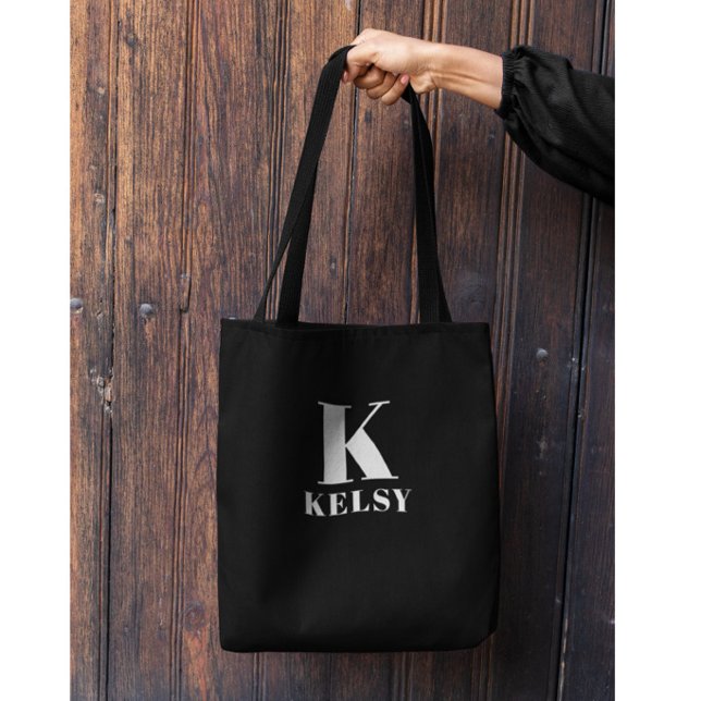 Monogram and Name Black and White Tote Bag (Creator Uploaded)