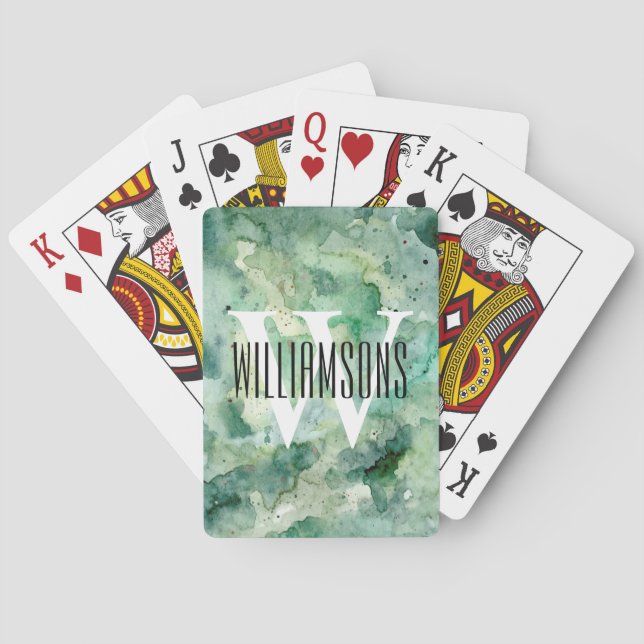 Monogram and Name Custom Green Watercolor Playing Cards (Back)