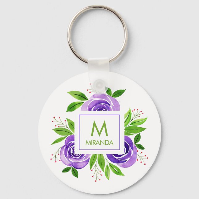 Monogram and Name Floral Custom Key Ring (Front)