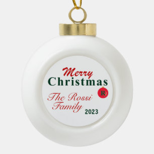 Monogram and Name Merry Christmas Ceramic Ball Christmas Ornament