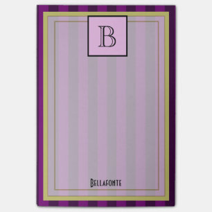 Monogram and name on purple striped pattern post-it notes