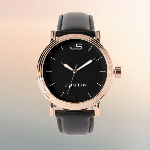 Monogram and Name Rose Gold Men's Black Band Wrist Watch