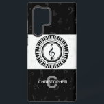 Monogram and name treble clef in piano keys samsung galaxy case<br><div class="desc">Contemporary black and white treble clef musical notes surrounded by a circle of piano keys. Background features subtle pale grey musical notes on black and white .Design can be personalised with name and monogram or removed</div>