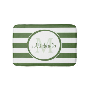 Monogram and Name With Trendy Even Green Stripes Bath Mat
