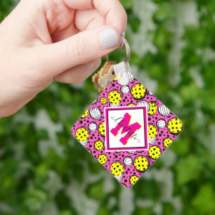 Monogram and name yellow pickleballs on pink key ring