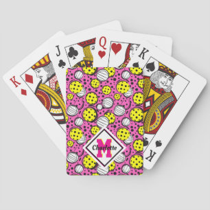 Monogram and name yellow pickleballs on pink playing cards