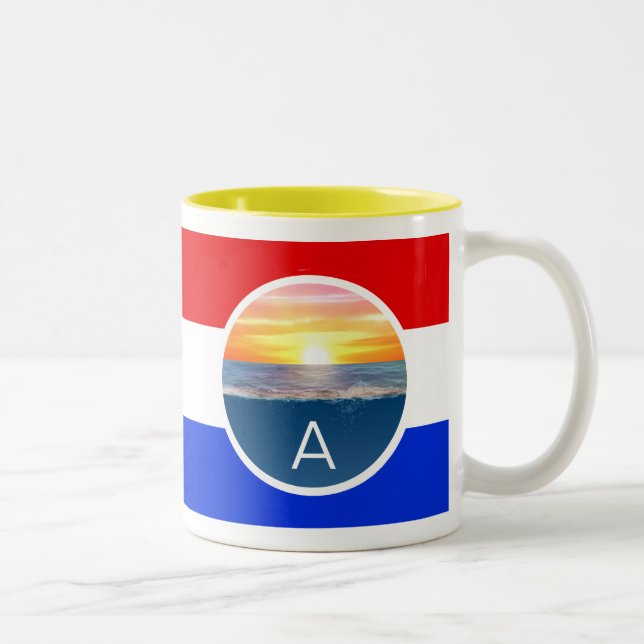 Monogram and Ocean Sunrise with Stripes Two-Tone Coffee Mug (Right)