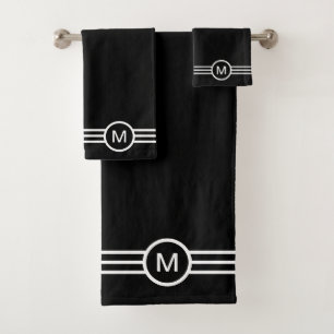 Monogram and White Stripes on Black Bath Towel Set