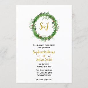 Monogram and Wreath Winter Greenery Wedding Invitation