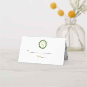 Monogram  and Wreath   Winter Greenery Wedding Place Card