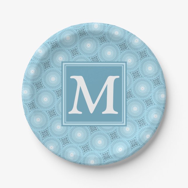 Monogram angel blue circles pattern paper plate (Front)