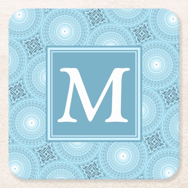 Monogram angel blue circles pattern square paper coaster (Front)