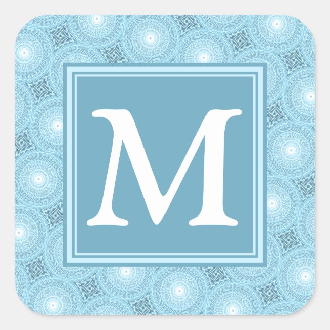 Monogram angel blue circles pattern square sticker (Front)