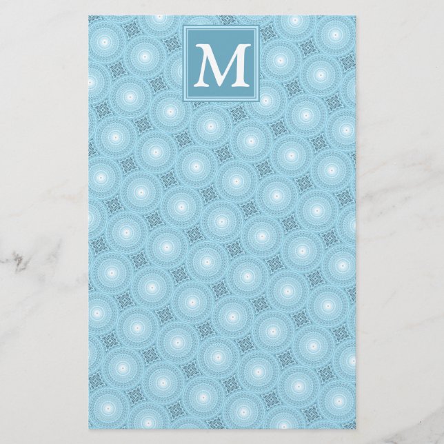 Monogram angel blue circles pattern stationery (Front)