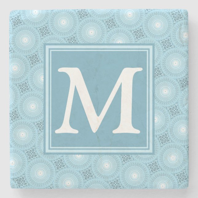 Monogram angel blue circles pattern stone coaster (Front)