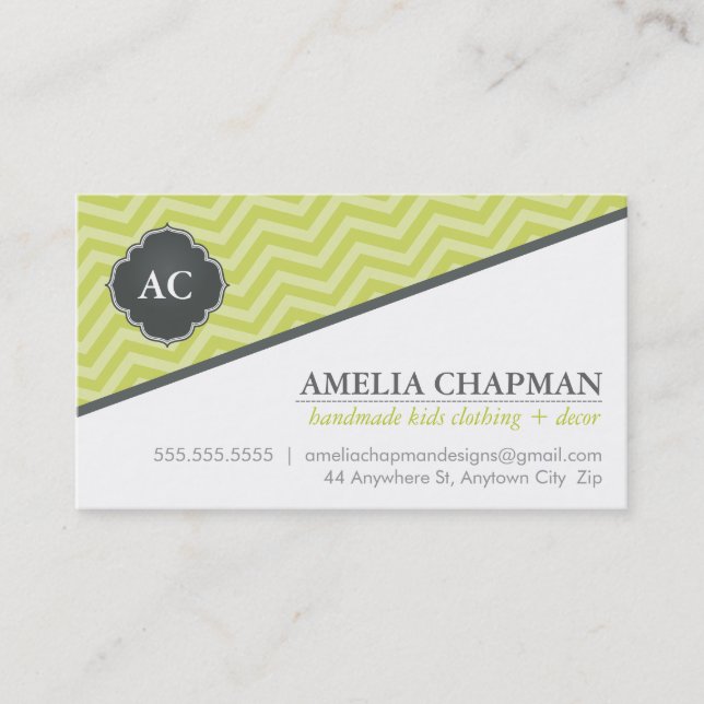 MONOGRAM angled chevron pattern kiwi green grey Business Card (Front)