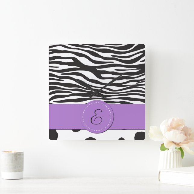 Monogram - Animal Print, Cow, Zebra - Black White Square Wall Clock (Home)